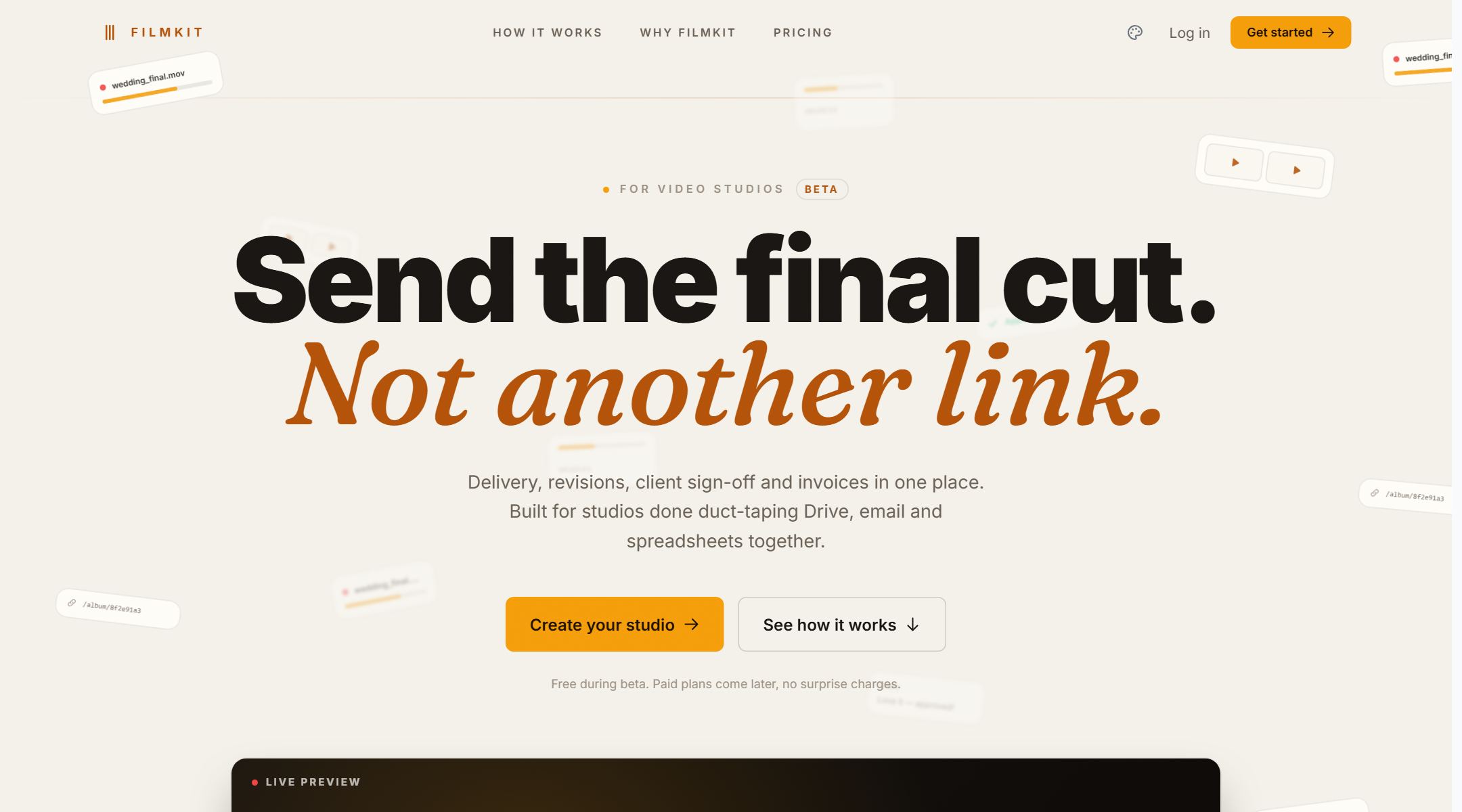 The FilmKit homepage: the headline "Send the final cut. Not another link." set over a cream background, with delivery-link cards scattered behind it.