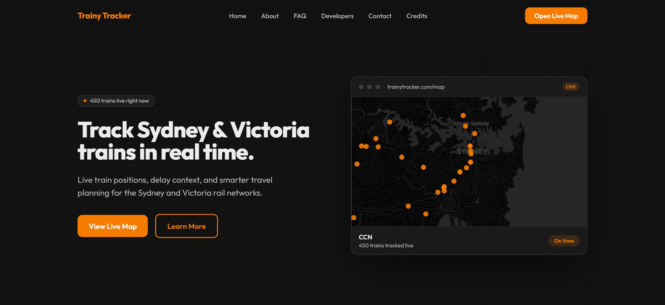 The TrainyTracker homepage: the headline "Track Sydney & Victoria trains in real time" beside a dark preview of the live map, with counters reading 429 trains in service and a 30-second refresh.