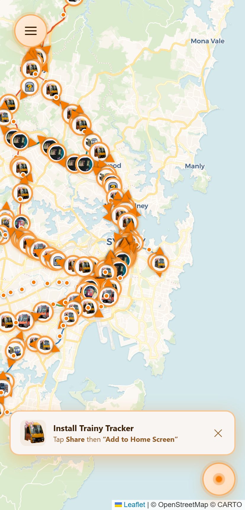 The live map at phone width: the Sydney network covered in orange train markers — the view you'd actually use standing on a platform.